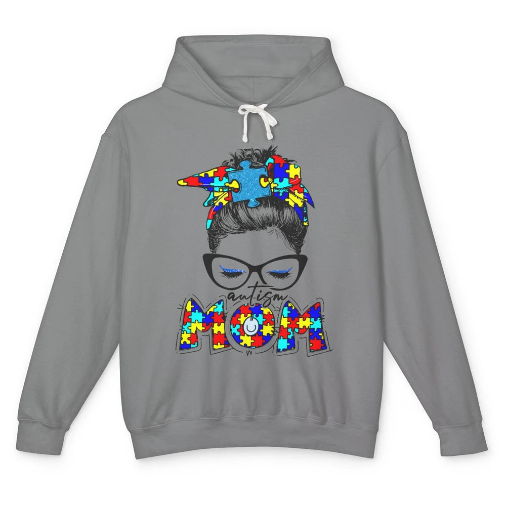 Autism Mom Messy Bun Bandana Puzzle Autism Awareness Month Unisex Lightweight Hoodie