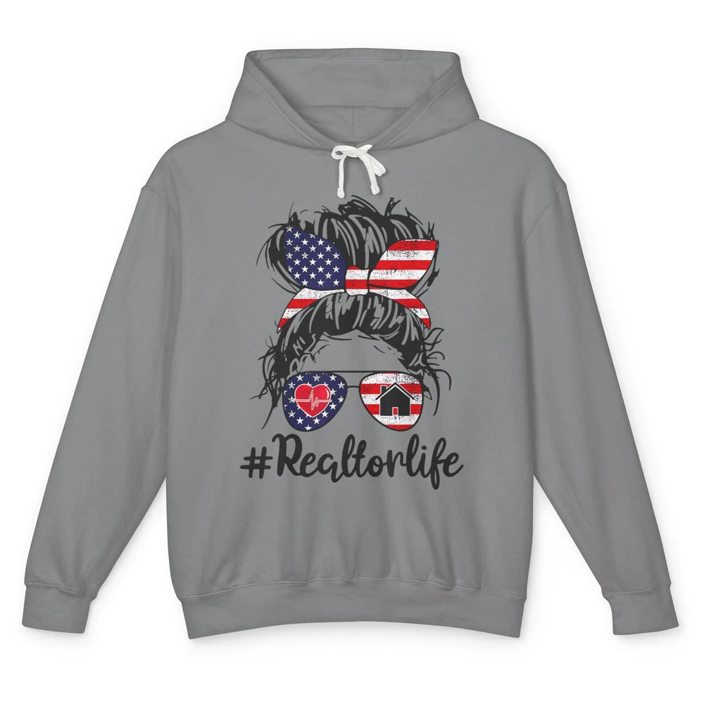 Messy Hair Bun 4th July Flag Realtor Life Real Estate Agent Unisex Lightweight Hoodie