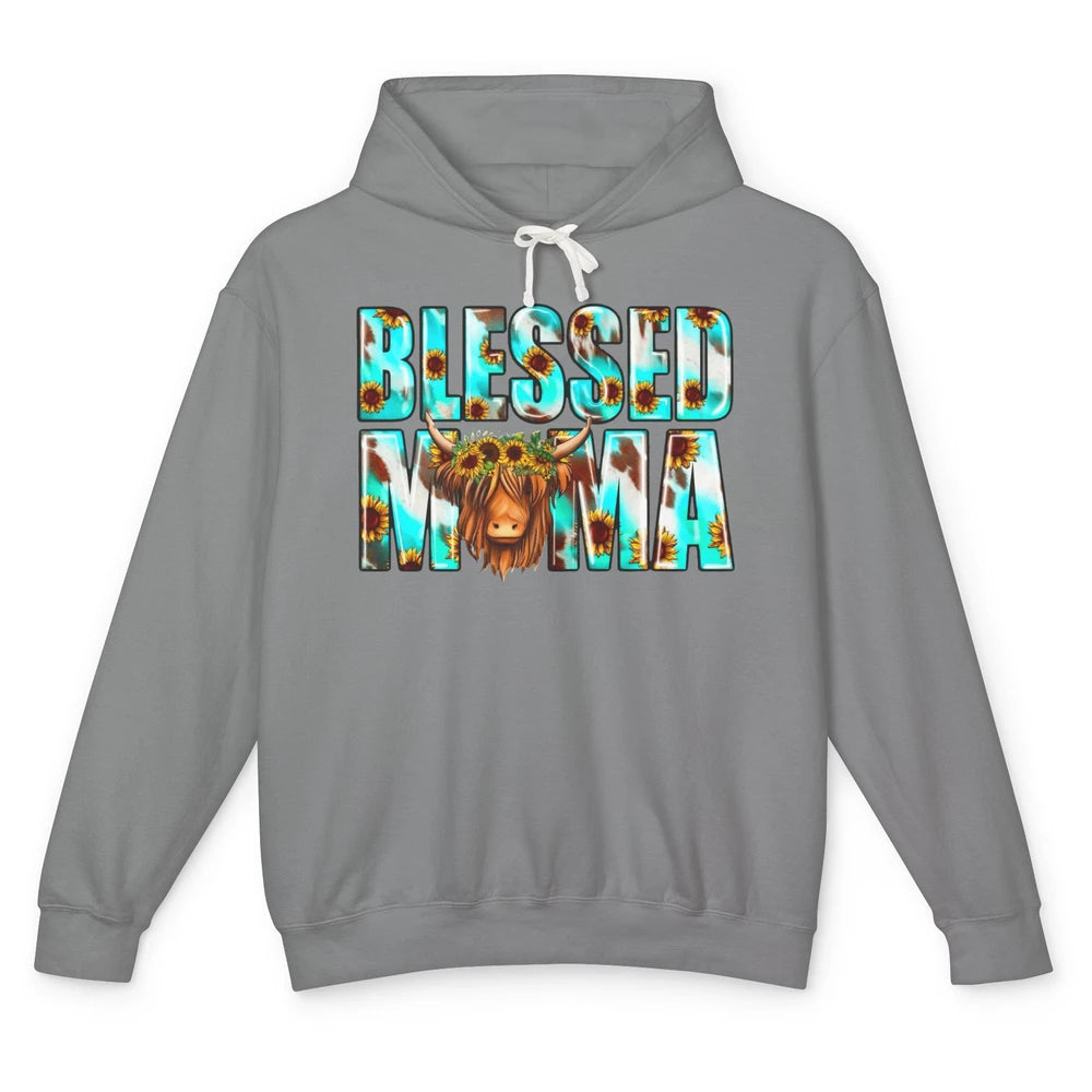 Retro Sunflower Highland Cow Blessed Mama Western Cow Mama Unisex Lightweight Hoodie