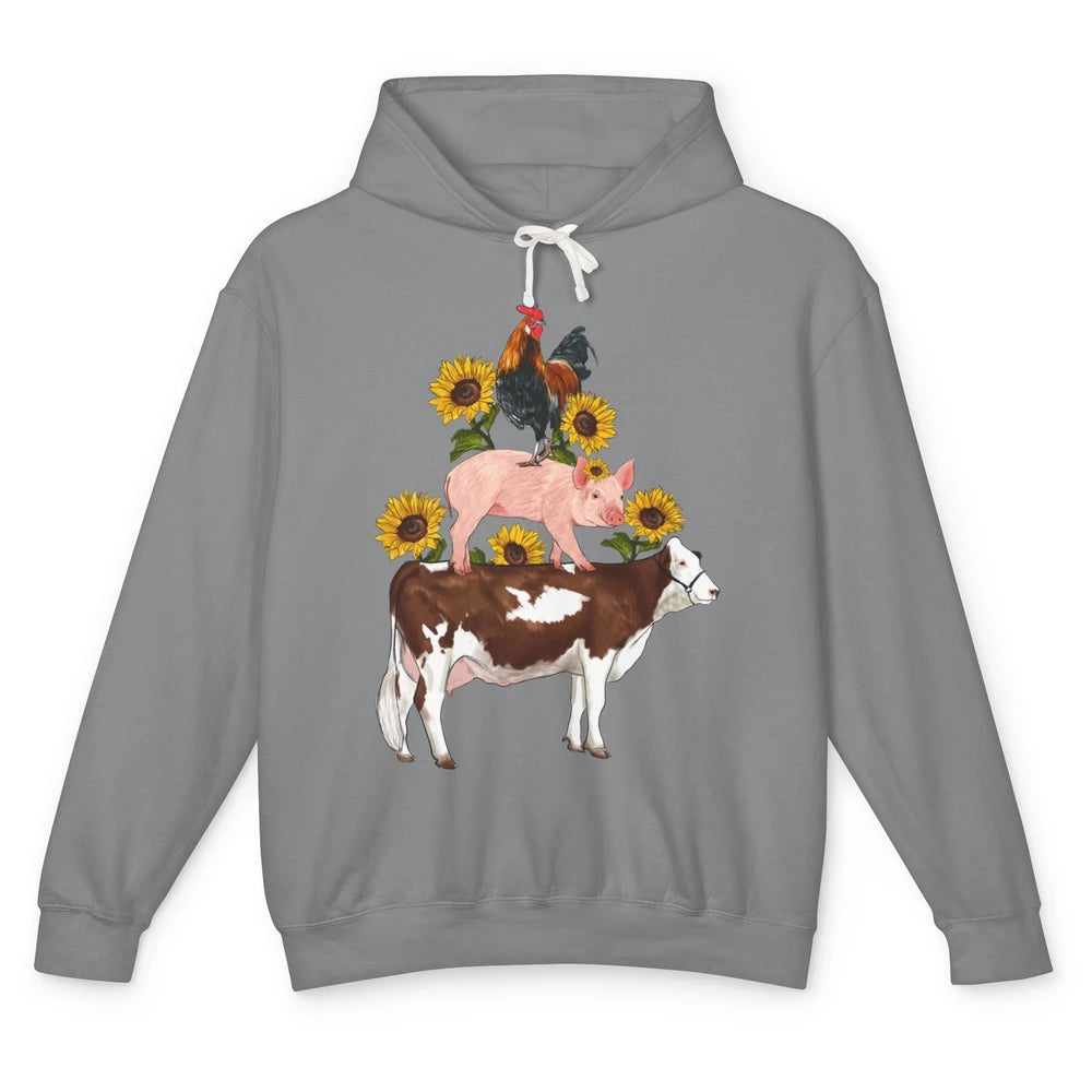 Sunflower Western Farm Life Animals Vegan Cow Pig Rooster Unisex Lightweight Hoodie