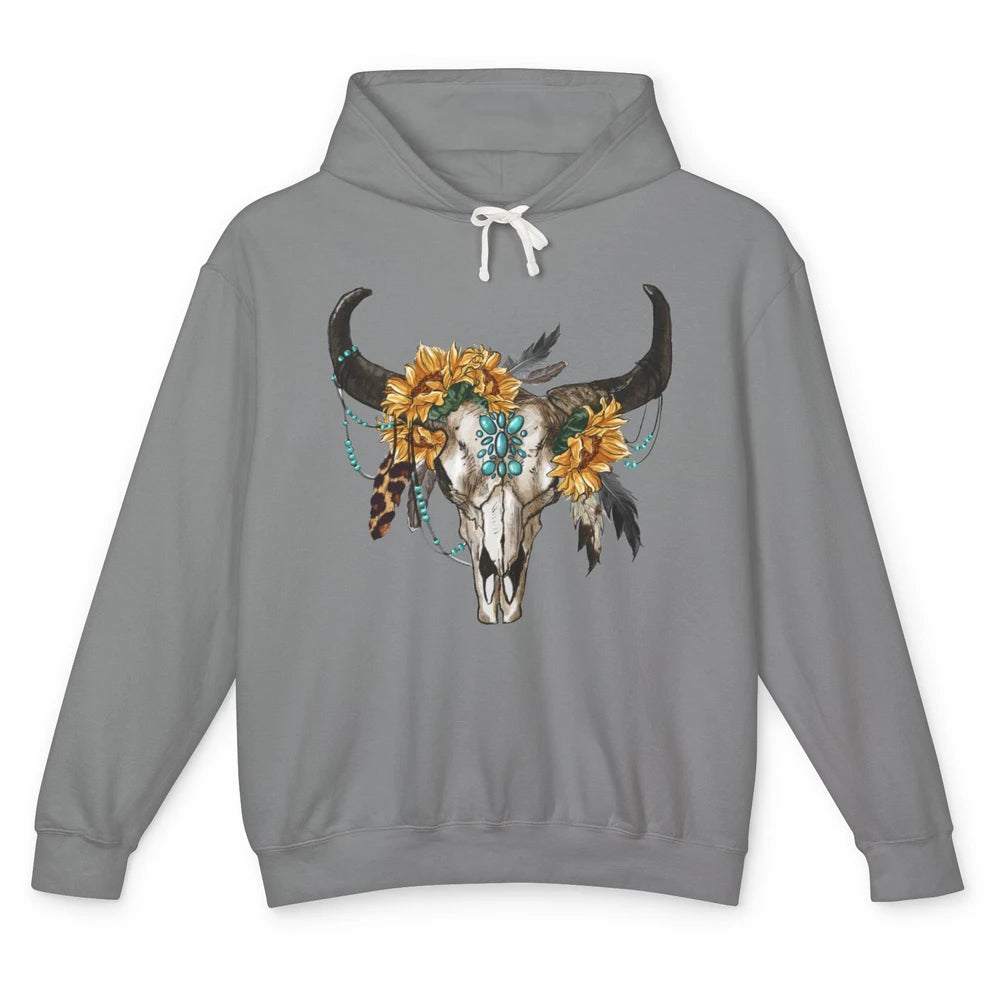 Retro Sunflower Boho Bull Skull Western Country Cowgirl Gift Unisex Lightweight Hoodie