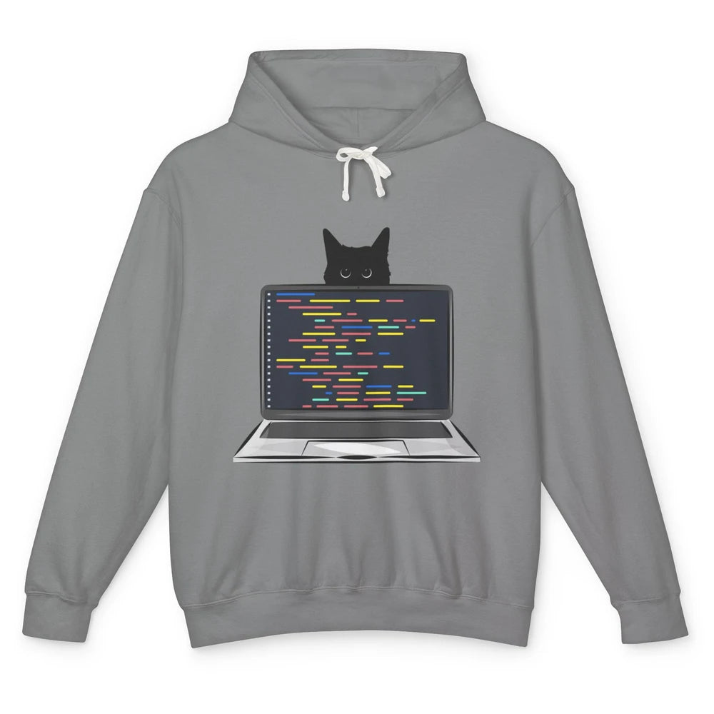 Funny Software Engineer Black Cat Coding Computer Code Humor Unisex Lightweight Hoodie