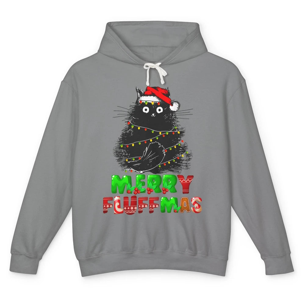 Merry Christmas Catmas Santa Hat Black Cat Xmas Lights Tree Unisex Lightweight Hoodie