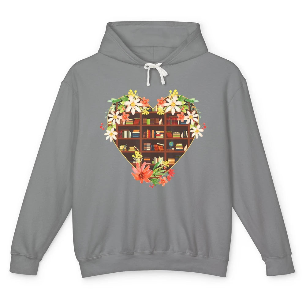 Bookshelf Heart Reading Book Floral Librarian Library Books Unisex Lightweight Hoodie