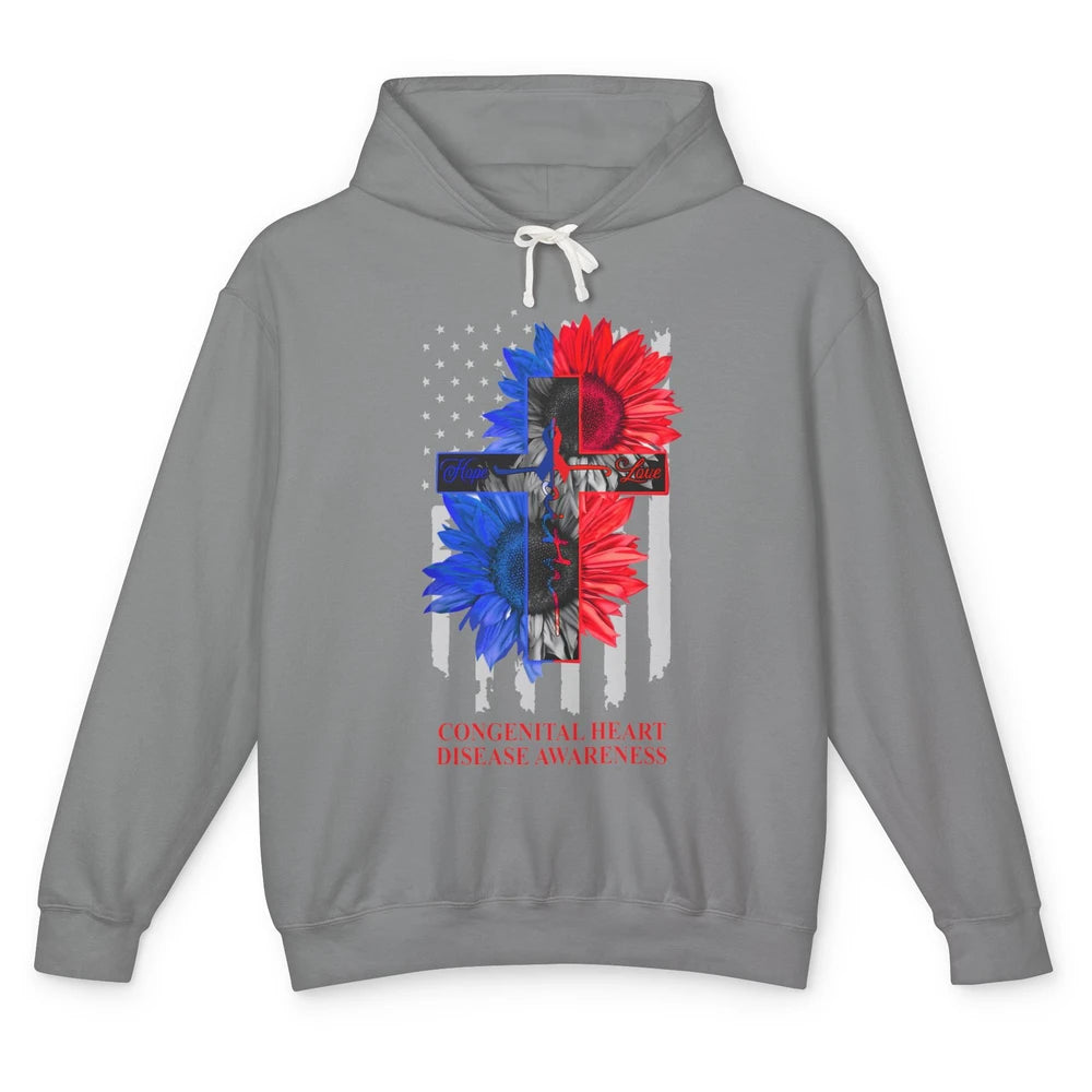 Congenital Heart Disease Awareness US Flag Faith CHD Ribbon Unisex Lightweight Hoodie