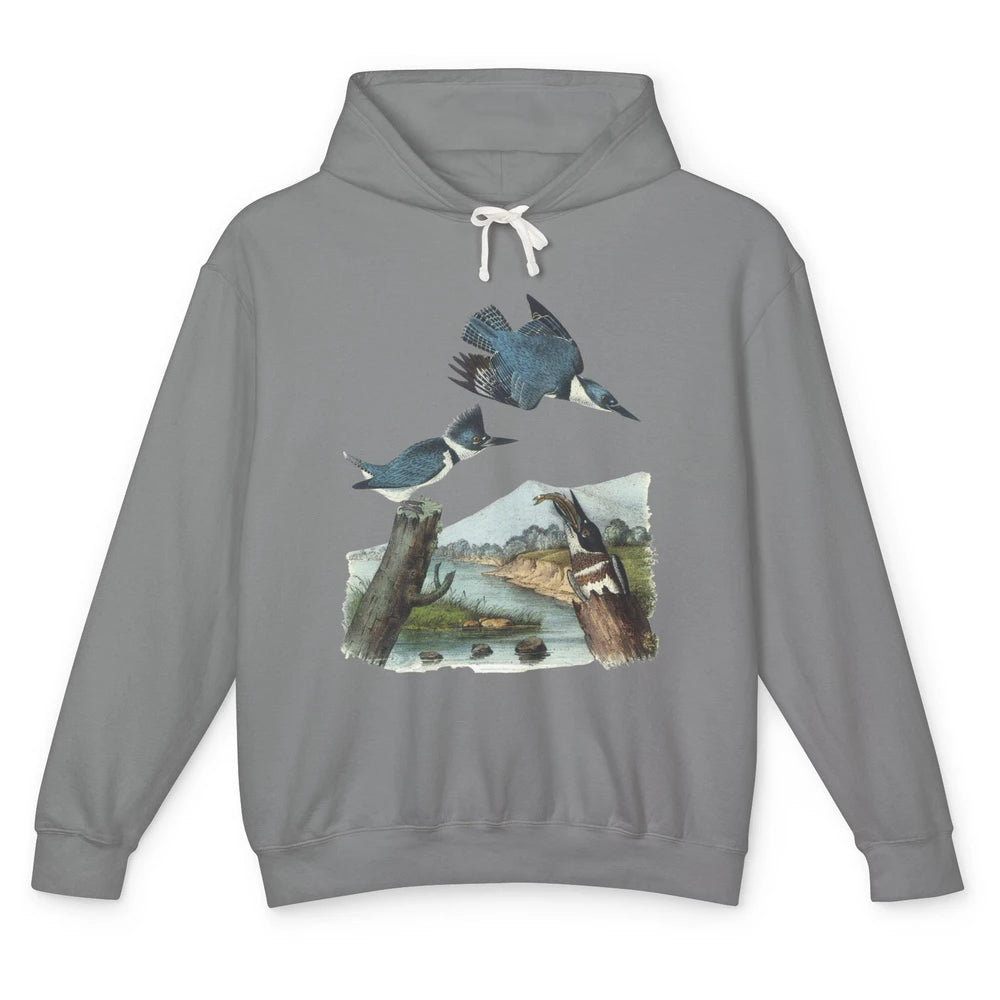 Watercolor Belted Kingfisher Bird Eat Fish Nature Birding Unisex Lightweight Hoodie