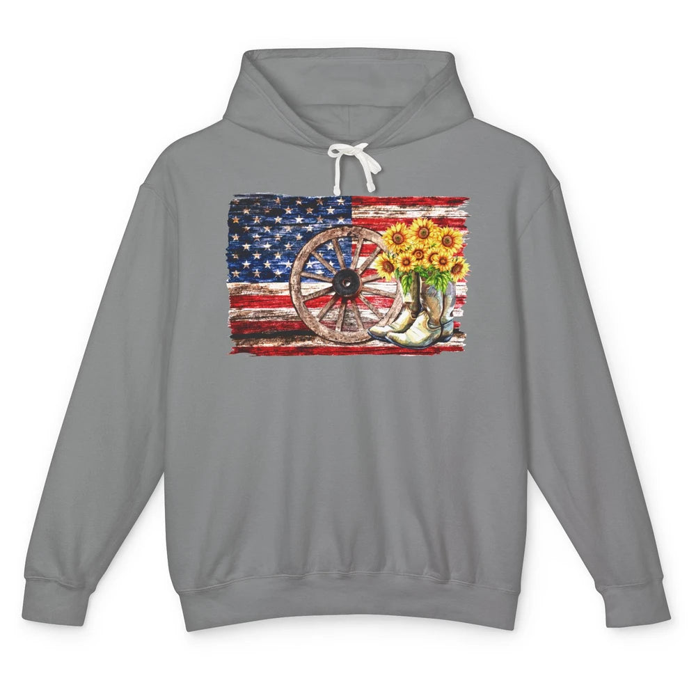 Retro US Flag Sunflower Cowgirl Boots Texas Cowboy Western Unisex Lightweight Hoodie