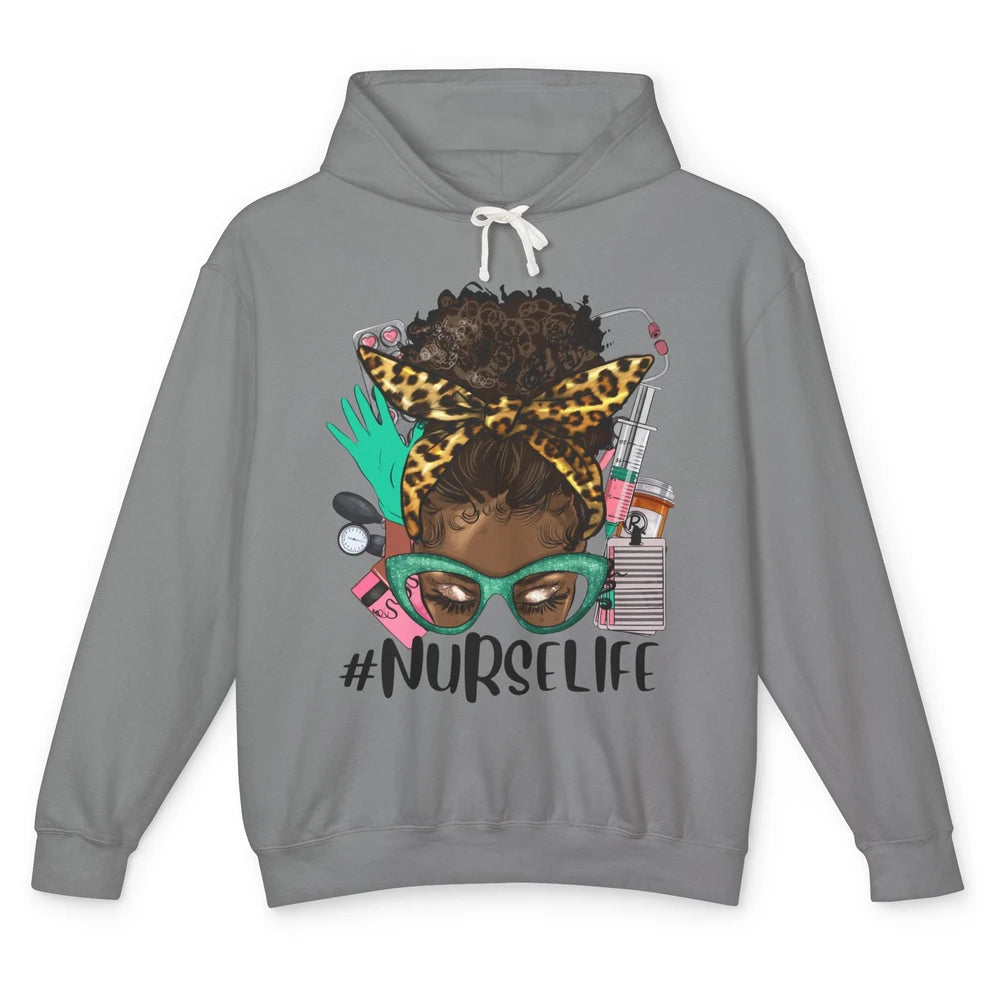 Afro Nurse Messy Bun Hair Black Melanin Nurse Life Leopard Unisex Lightweight Hoodie