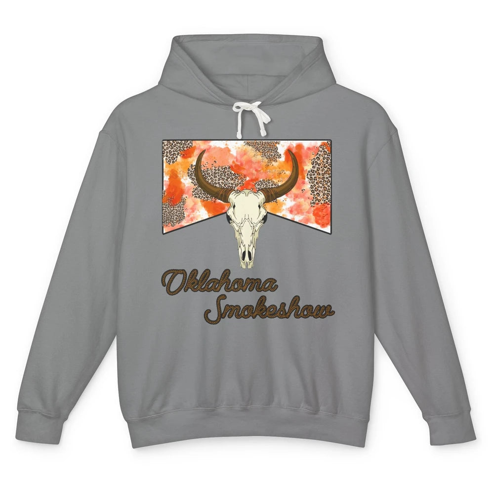 Boho Bull Skull Cow Print Oklahoma Smokeshow Western Country Unisex Lightweight Hoodie