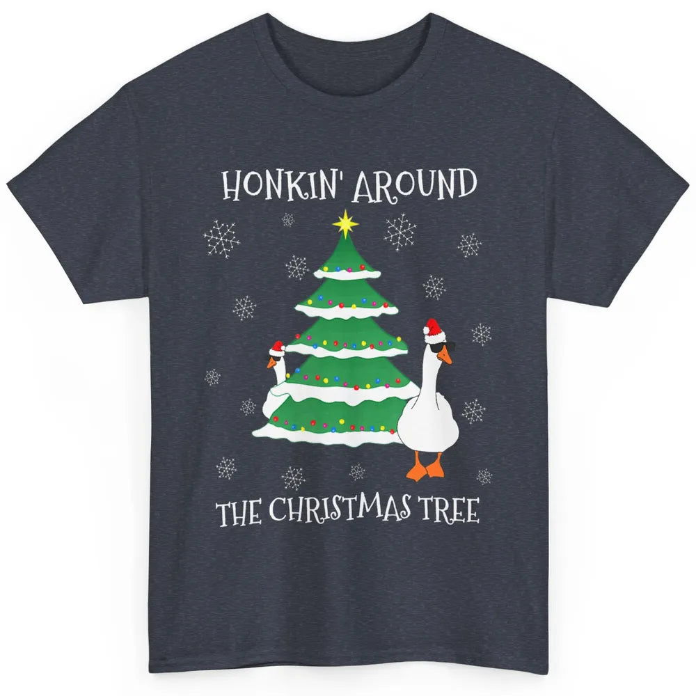 Merry Christmas Cute Geese Honking Around Xmas Tree Goose Classic Unisex T-Shirt