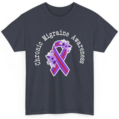 Chronic Migraine Awareness Support Floral Purple Red Ribbon Classic Unisex T-Shirt