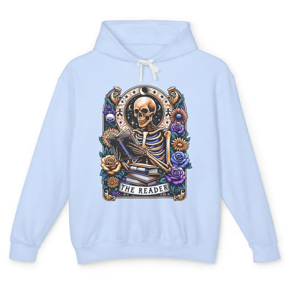 The Reader Tarot Card Halloween Reading Book Skeleton Floral Skull Bookish Bookworm Unisex Lightweight Hoodie