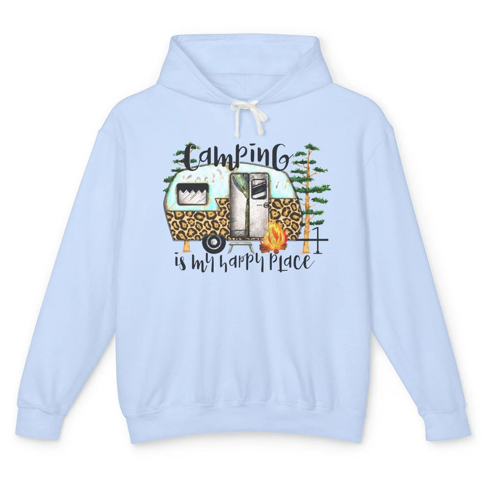 Campers Camping Is My Happy Place Leopard Camping Lover Gift Unisex Lightweight Hoodie