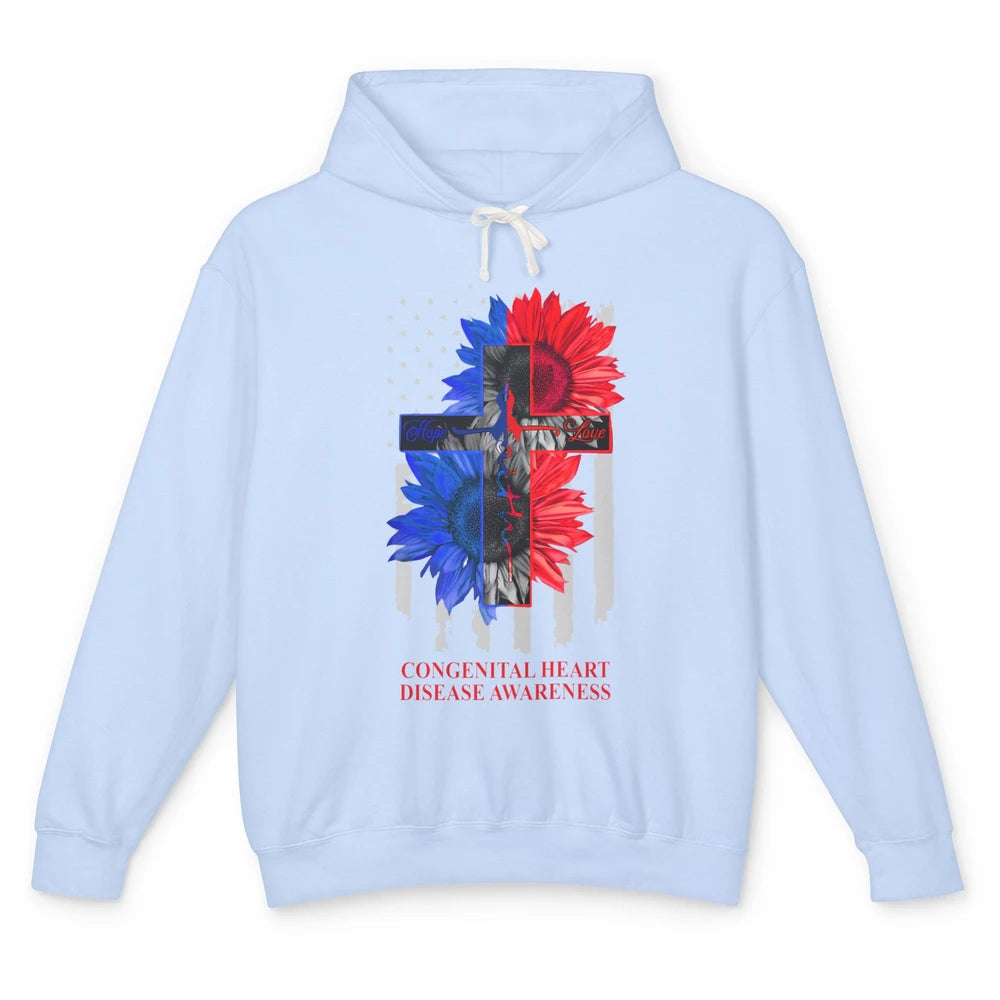 Congenital Heart Disease Awareness US Flag Faith CHD Ribbon Unisex Lightweight Hoodie