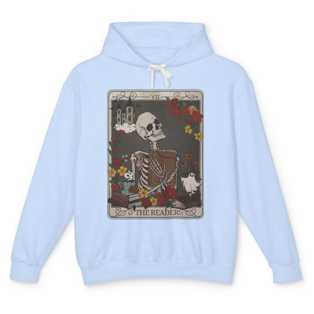 Retro Skeleton Reading Books The Reader Tarot Card Halloween Unisex Lightweight Hoodie