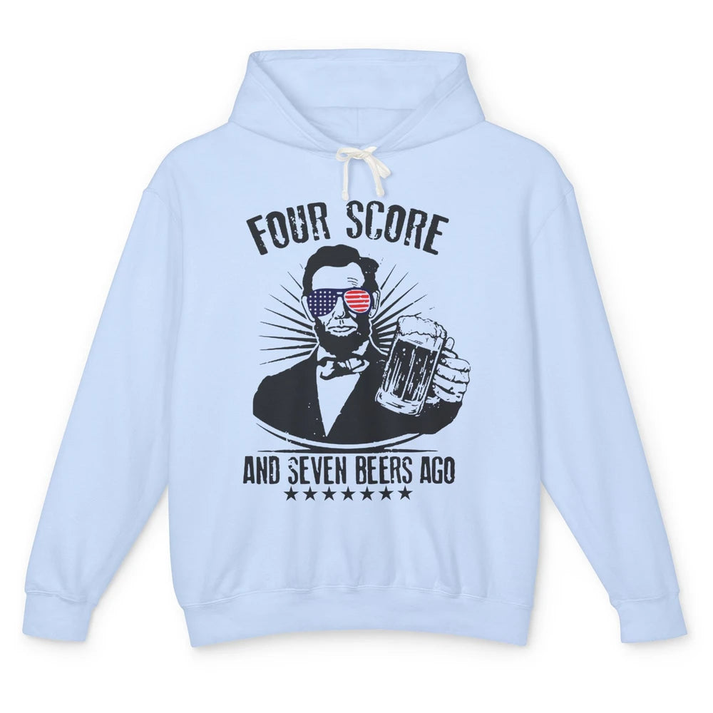 Funny US Flag Abraham Lincoln 4 Score 7 Beers Ago 4th July Unisex Lightweight Hoodie