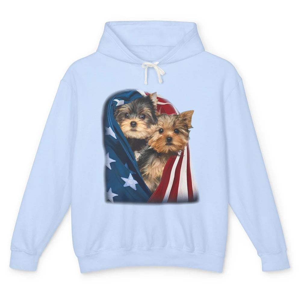 Yorkshire Terrier US Flag July 4th Patriotic Yorkie Puppies Unisex Lightweight Hoodie