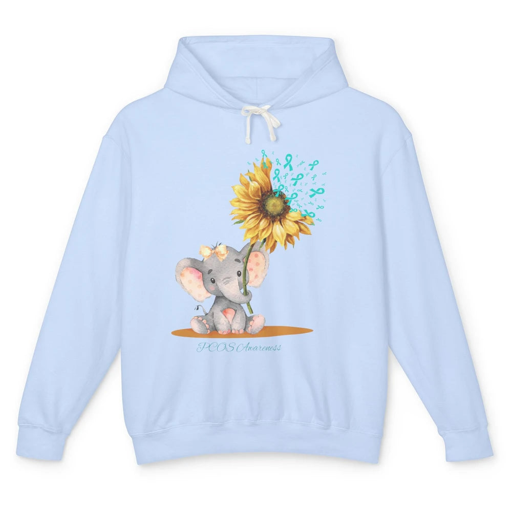 Sunflower Baby Elephant PCOS Awareness Teal Ribbon Elephant Unisex Lightweight Hoodie