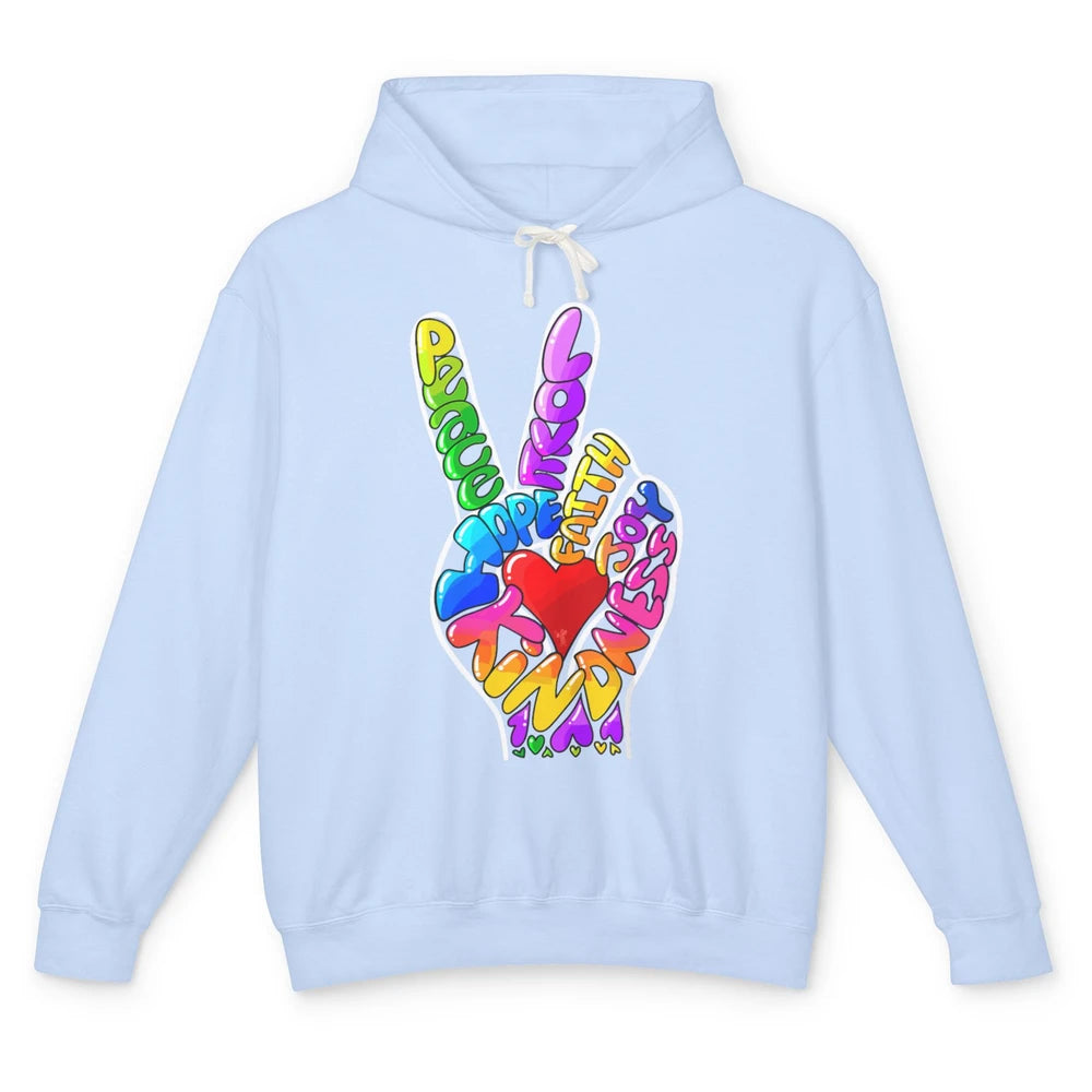 Peace Love Hope Joy Faith Kindness Word Christian Religious Unisex Lightweight Hoodie