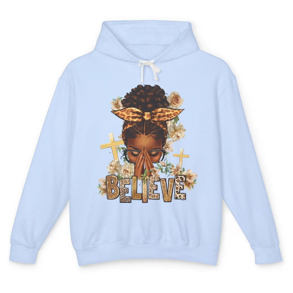 Floral Leopard Afro Messy Bun Believe Christian Religious Unisex Lightweight Hoodie