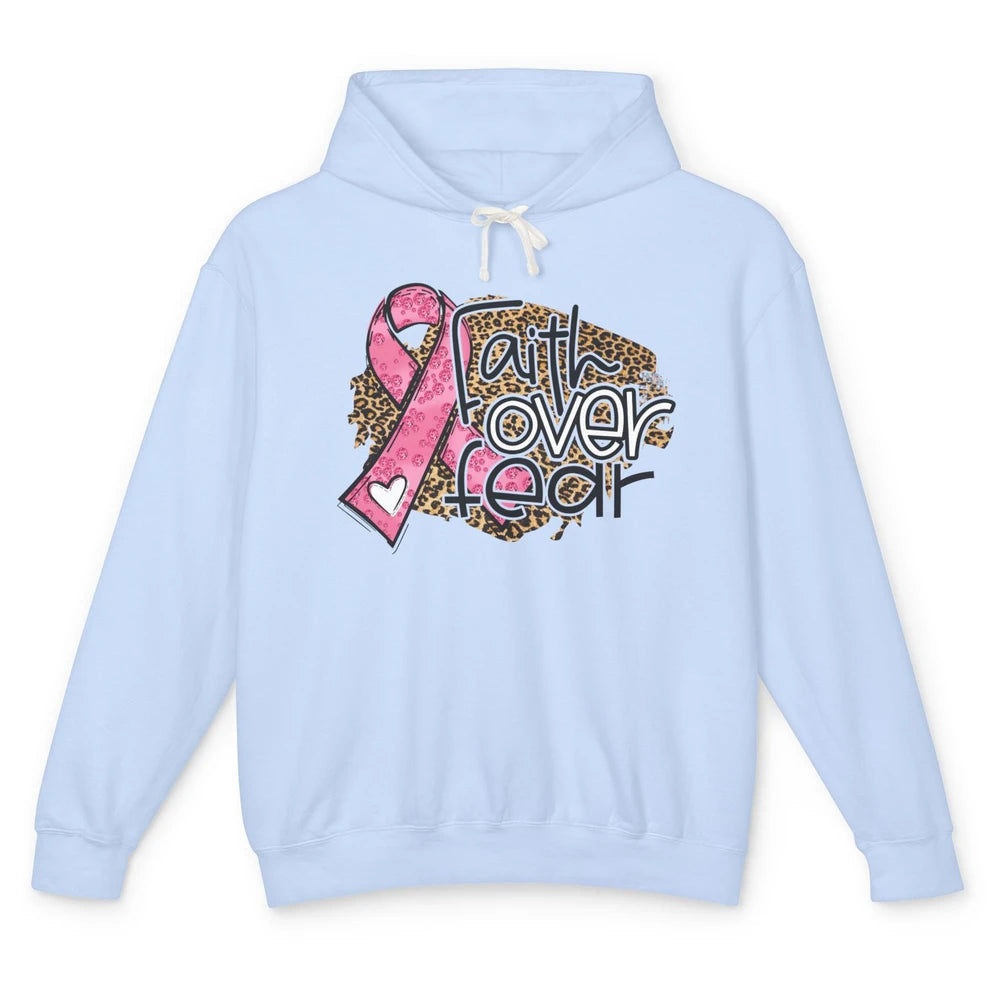 Pink Ribbon Breast Cancer Awareness Faith Over Fear Leopard Unisex Lightweight Hoodie