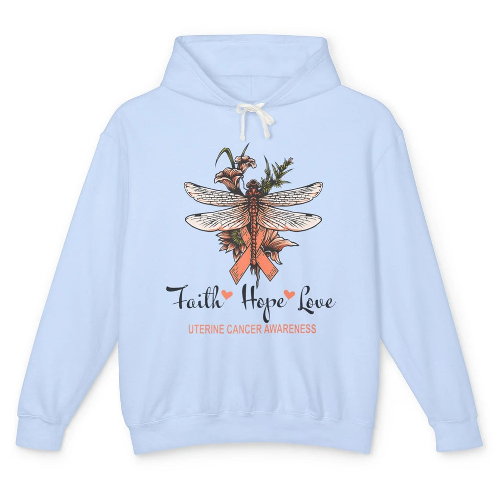 Faith Hope Love Dragonfly Peach Uterine Cancer Awareness Unisex Lightweight Hoodie