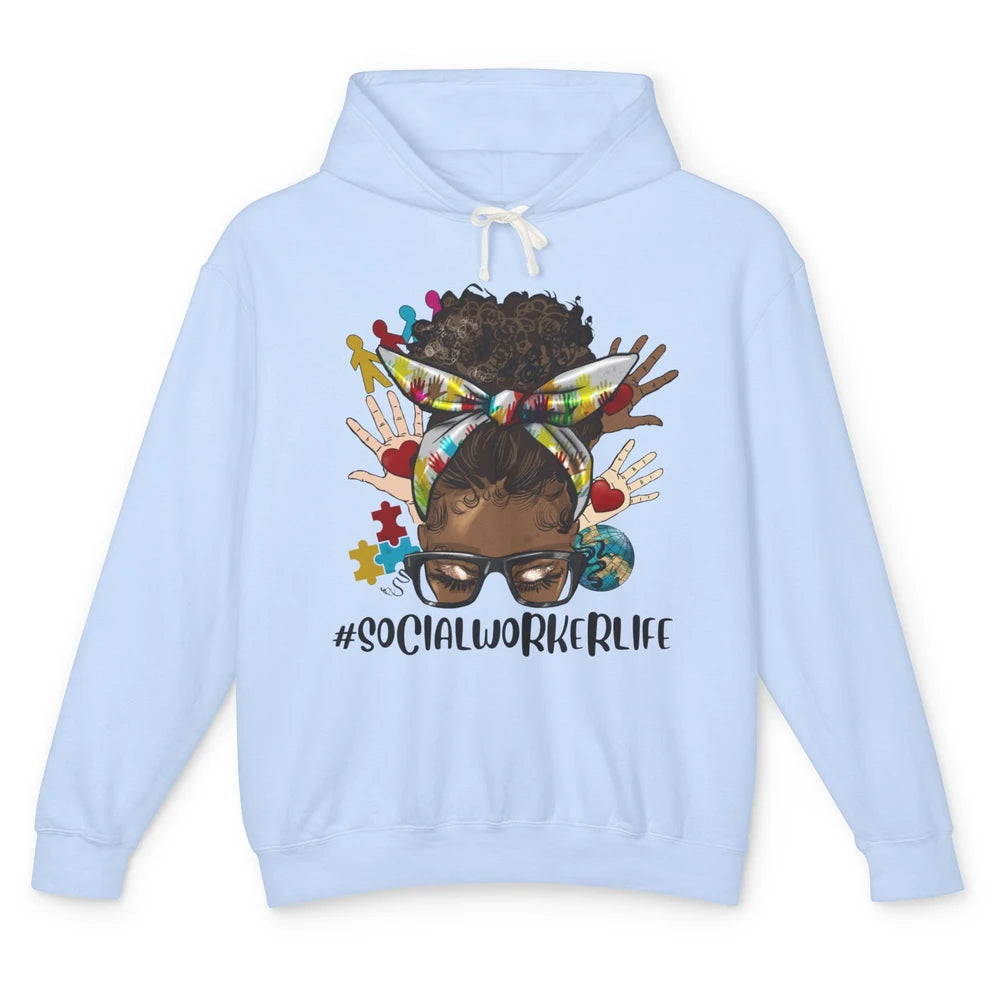 Social Worker Life Messy Bun Black Girl Glasses Be Kind Unisex Lightweight Hoodie