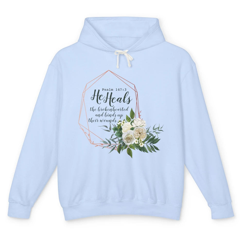 God Heal Brokenhearted Bible Verse Floral Christian Religion Unisex Lightweight Hoodie