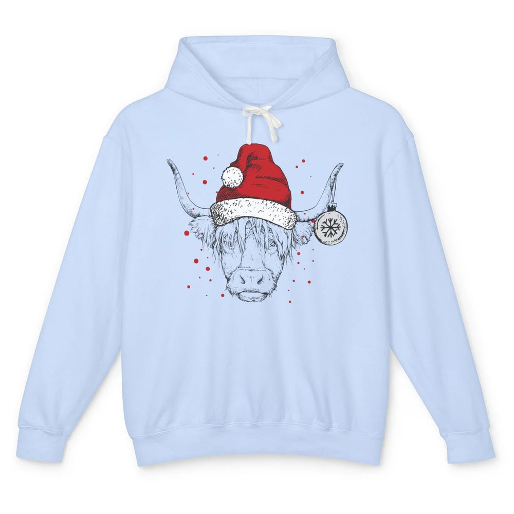 Cute Highland Cow Christmas With Santa Hat Western Xmas Cow Unisex Lightweight Hoodie