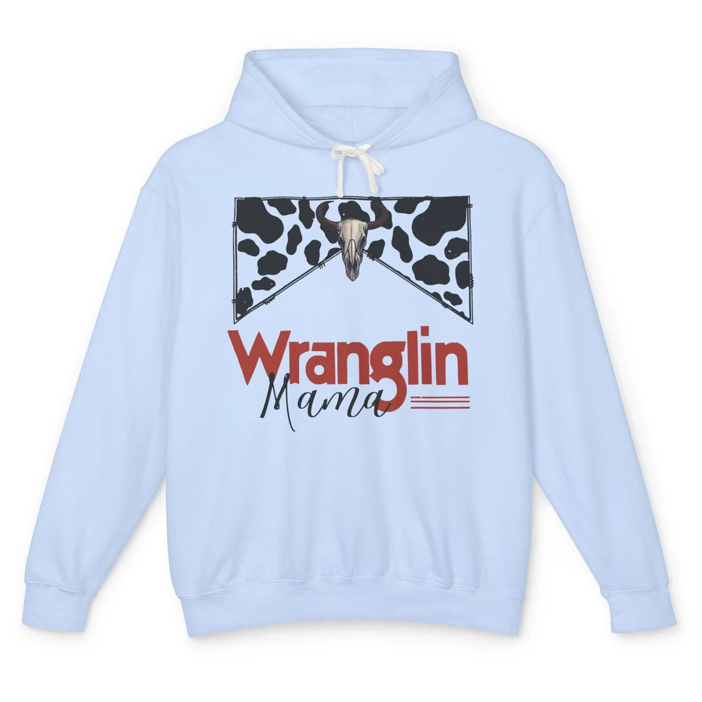 Retro Cowhide Bull Skull Wrangling Mama Western Country Girl Unisex Lightweight Hoodie