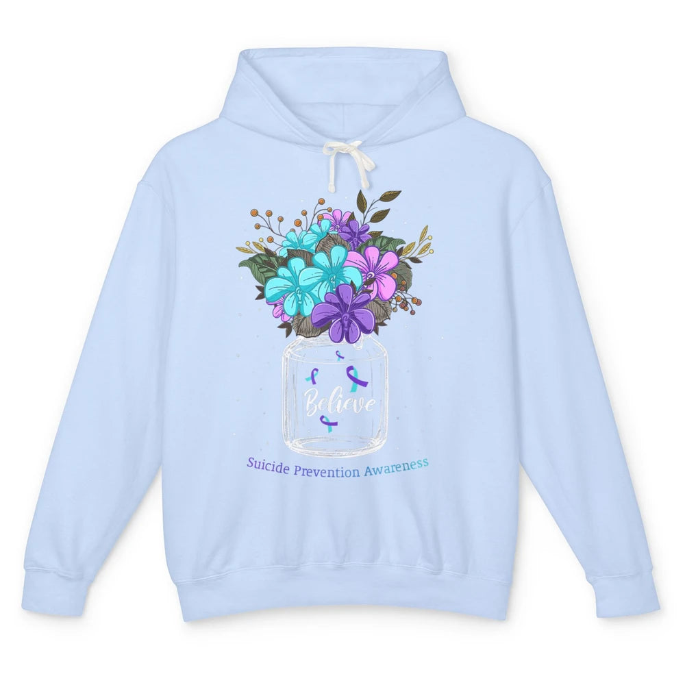 Cute Believe Flower Ribbon Support Suicide Prevention Month Unisex Lightweight Hoodie