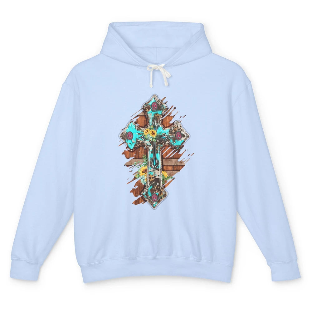 Western Country Boho Christian Turquoise Leopard Faith Cross Unisex Lightweight Hoodie