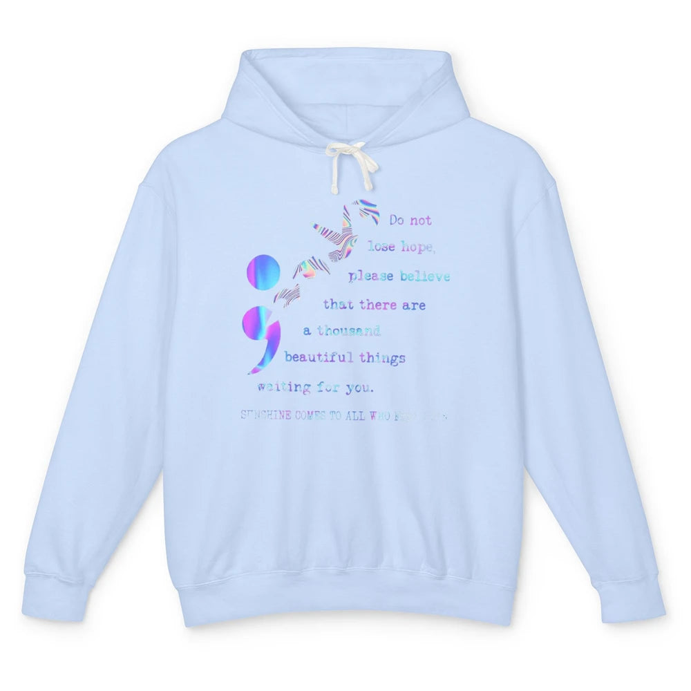 Semicolon Turquoise Ribbon Bird Suicide Prevention Month Unisex Lightweight Hoodie