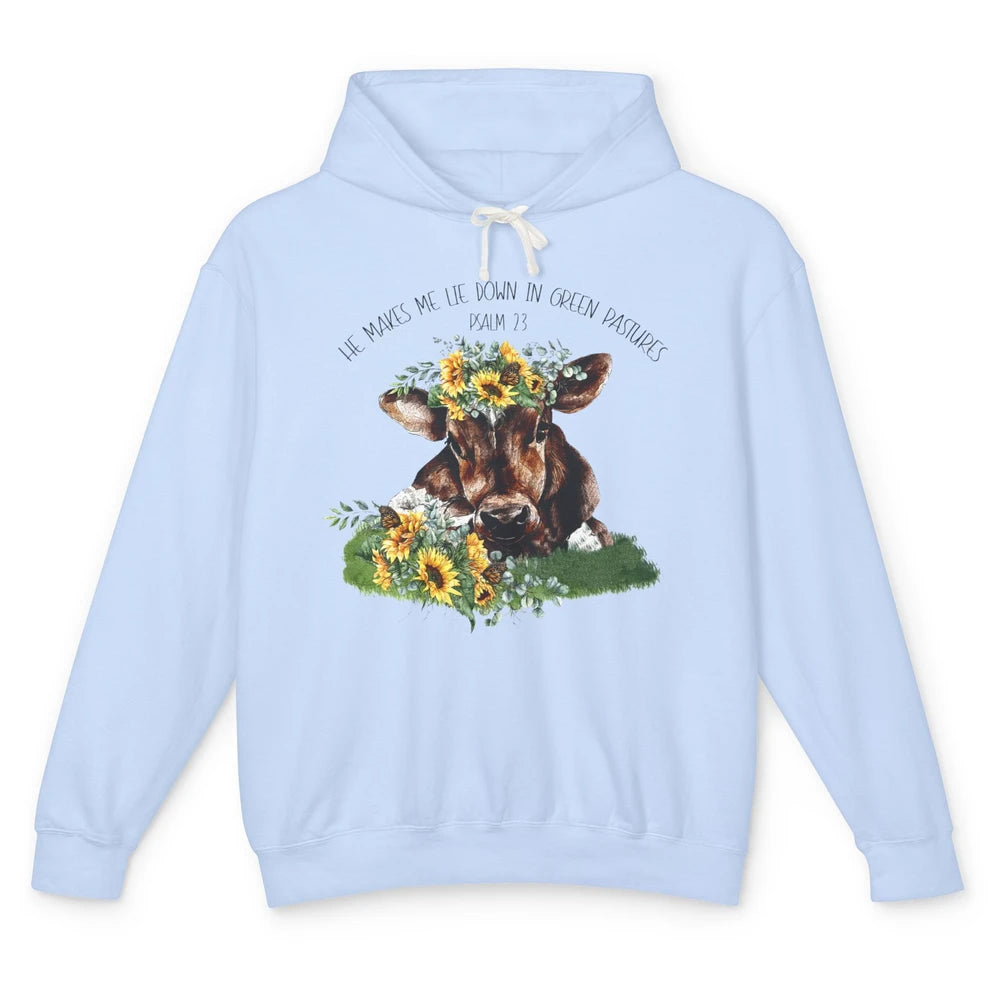 Sunflower Cow He Makes Me Lie Down In Green Pastures Bible Unisex Lightweight Hoodie