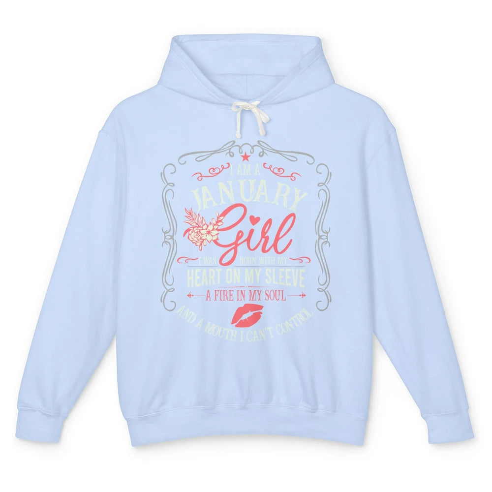 Retro January Girl Born With My Heart On My Sleeve Birthday Unisex Lightweight Hoodie