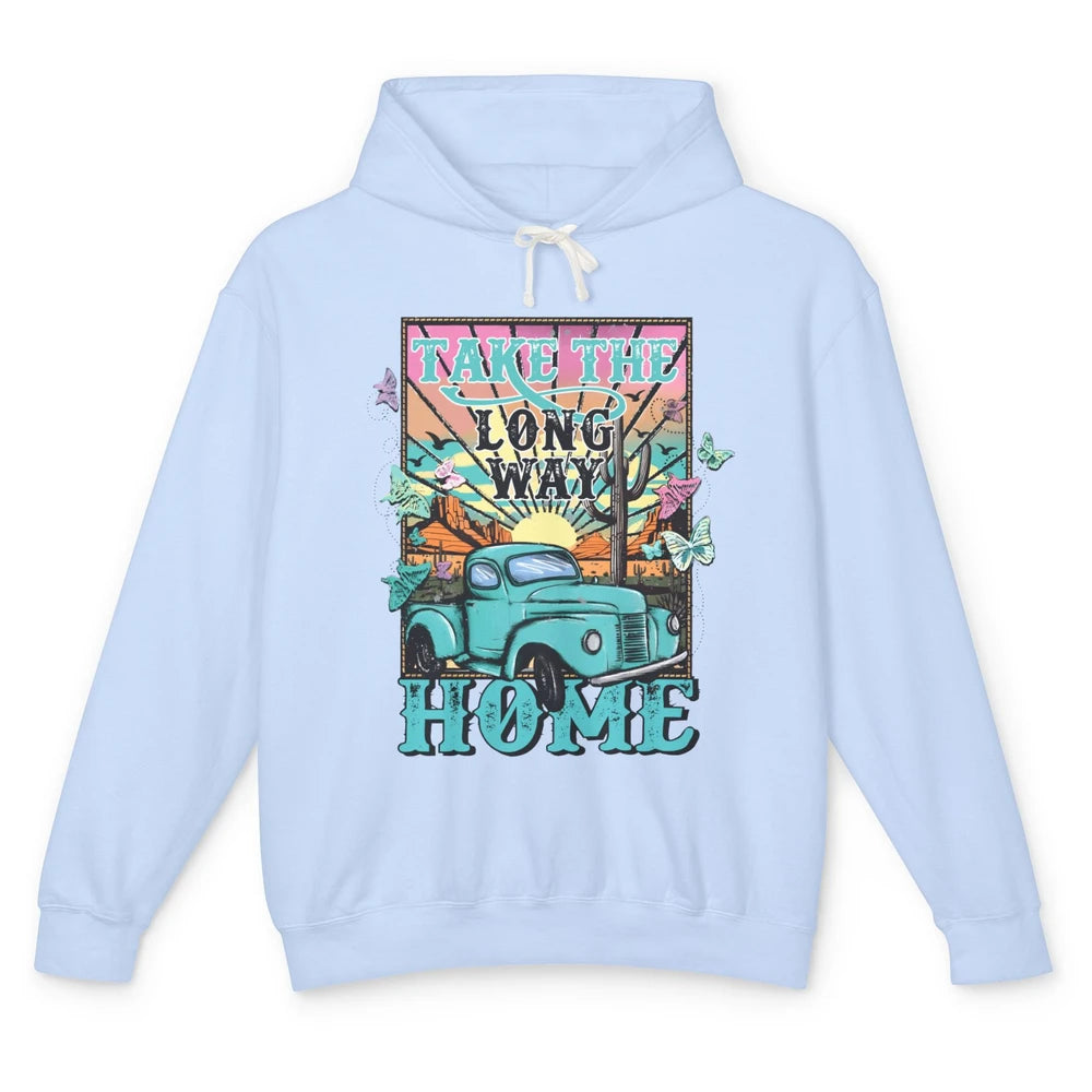 Retro Mountain Sunset Take The Long Way Home Western Country Unisex Lightweight Hoodie