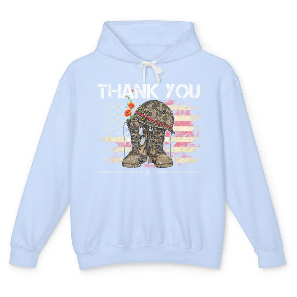 Vintage Veteran US Flag Thank You Military Boot Memorial Day Unisex Lightweight Hoodie