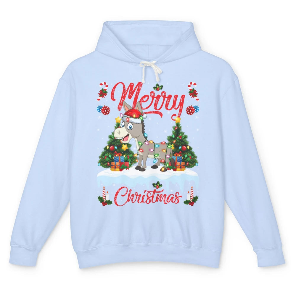 Merry Christmas Donkey Santa Claus Hat Xmas Tree Lights Snow Unisex Lightweight Hoodie