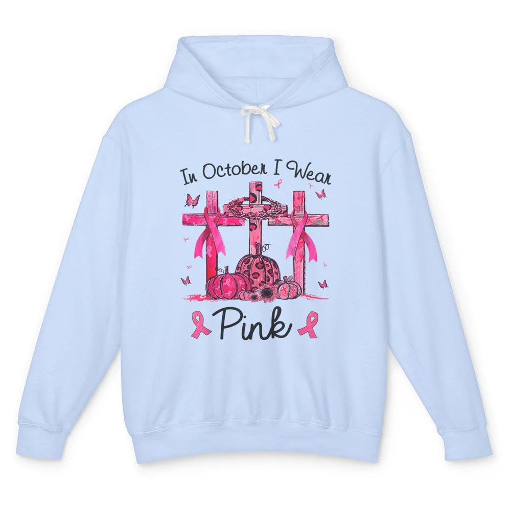 Cross Pumpkin Christian Pink Ribbon Breast Cancer Awareness Unisex Lightweight Hoodie