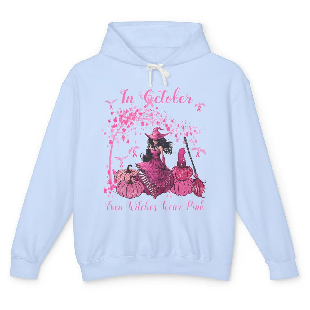 Breast Cancer In October Even Witches Wear Pink Ribbon Fall Unisex Lightweight Hoodie