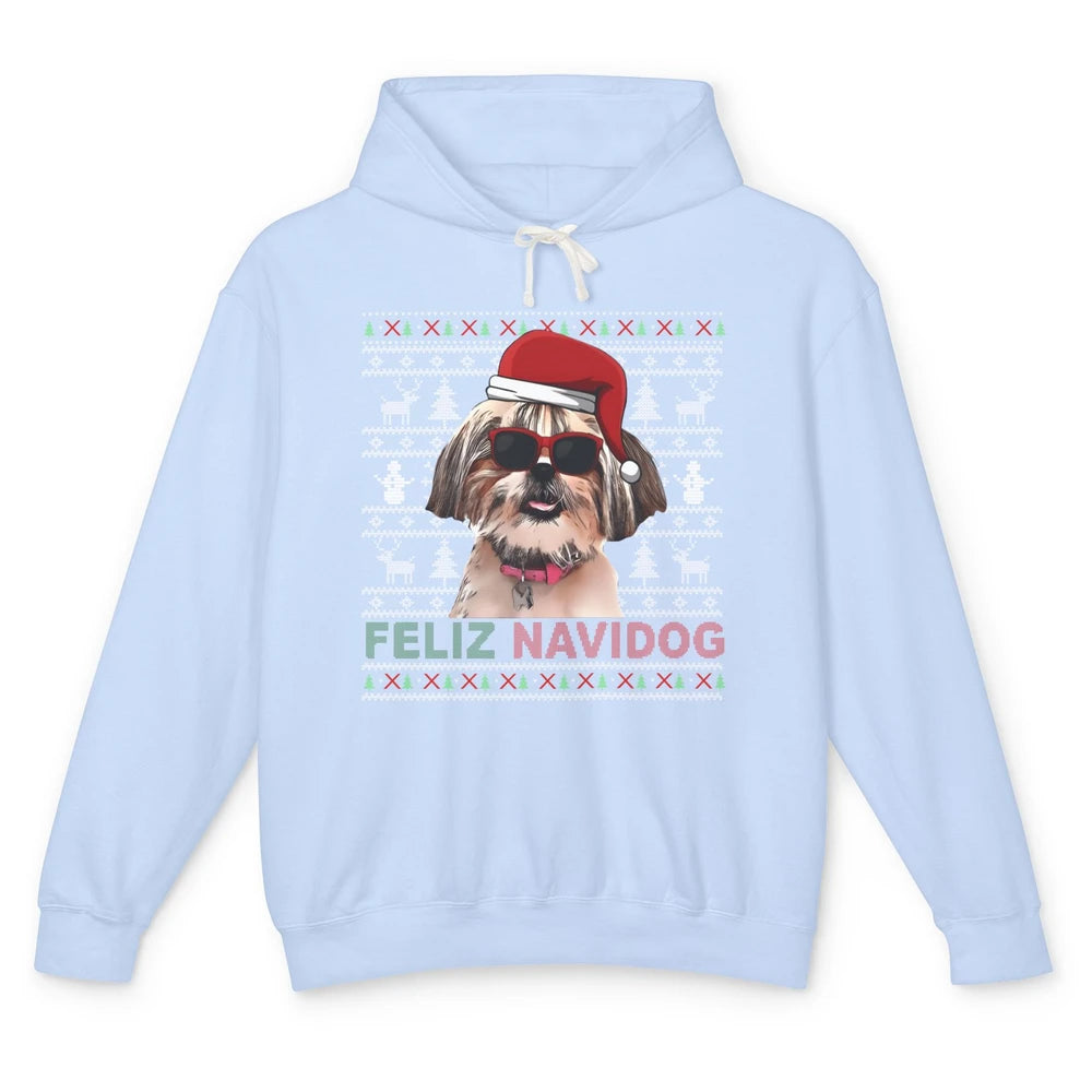 Funny Santa Shih Tzu Dog Feliz Navidog Christmas Tree Ugly Unisex Lightweight Hoodie