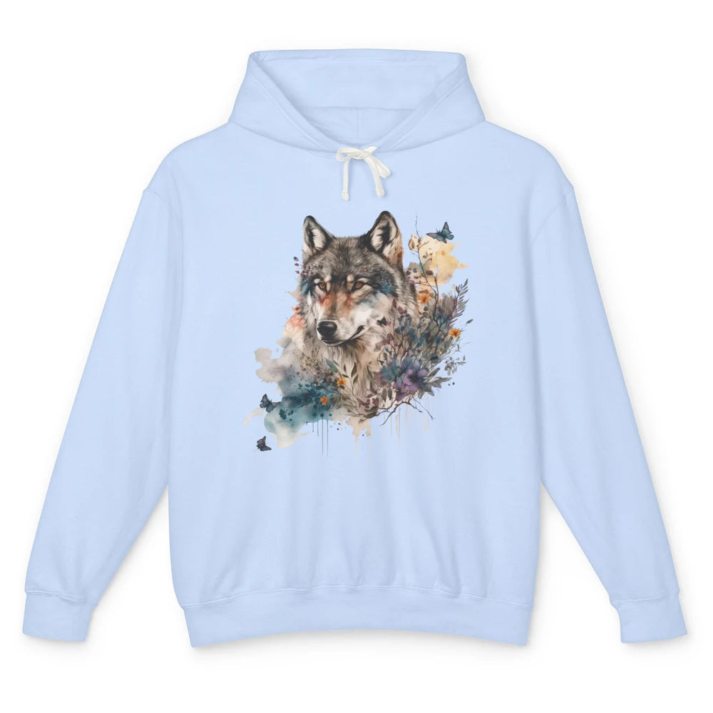 Watercolor Wolf Face Howl Butterfly Wolves Wild Animal Retro Unisex Lightweight Hoodie