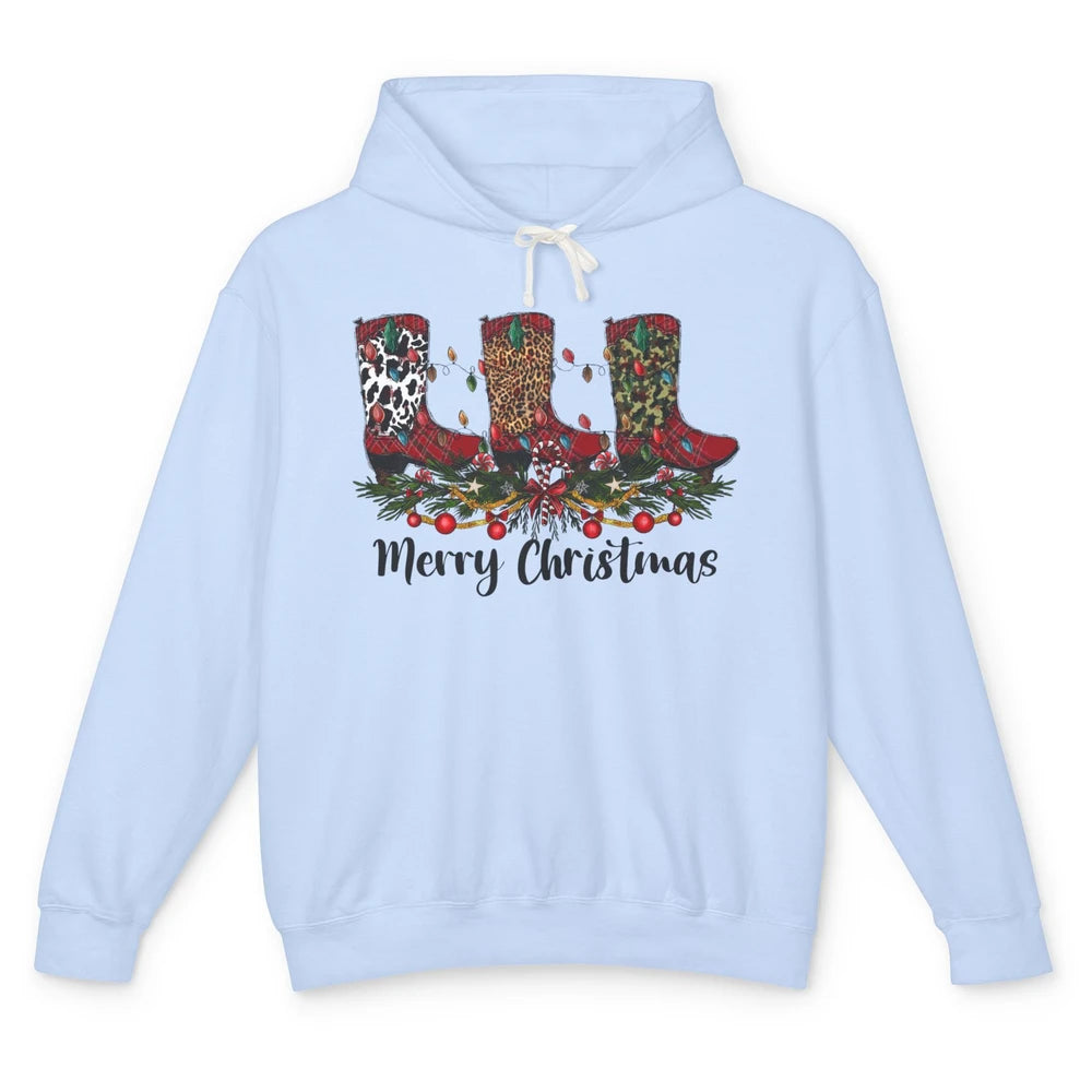 Christmas Cowboy Boots Santa Boots Leopard Western Christmas Unisex Lightweight Hoodie