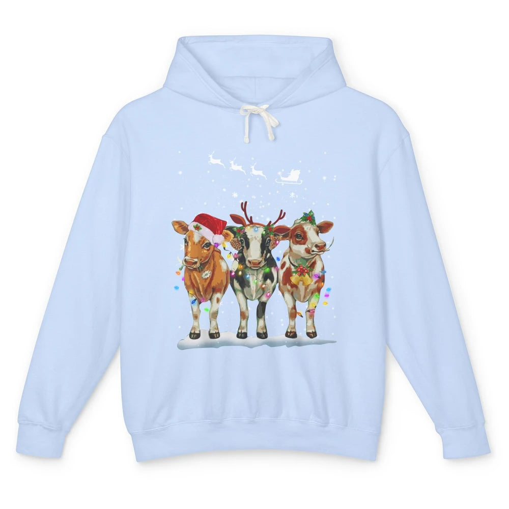 Funny Cow Christmas Lights Ugly Sweater Farm Xmas Gift Unisex Lightweight Hoodie