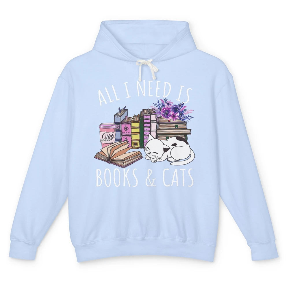 All I Need Is Books And Cats Floral Coffee Bookish Reading Unisex Lightweight Hoodie