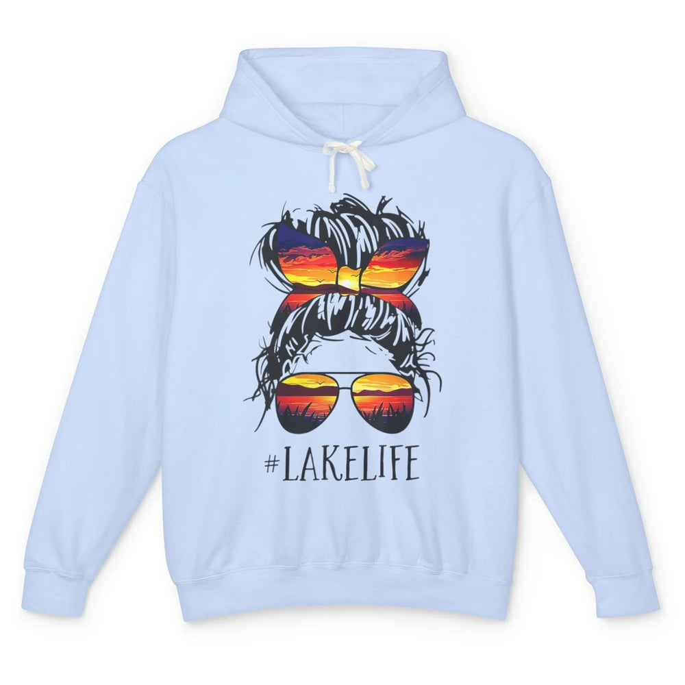 Lake Life Messy Hair Bun Woman Sunset Summer Retro Fishing Unisex Lightweight Hoodie