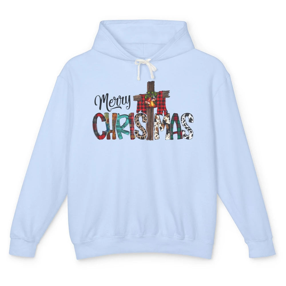 Leopard Jesus Cross Merry Christmas Christian Western Xmas Unisex Lightweight Hoodie