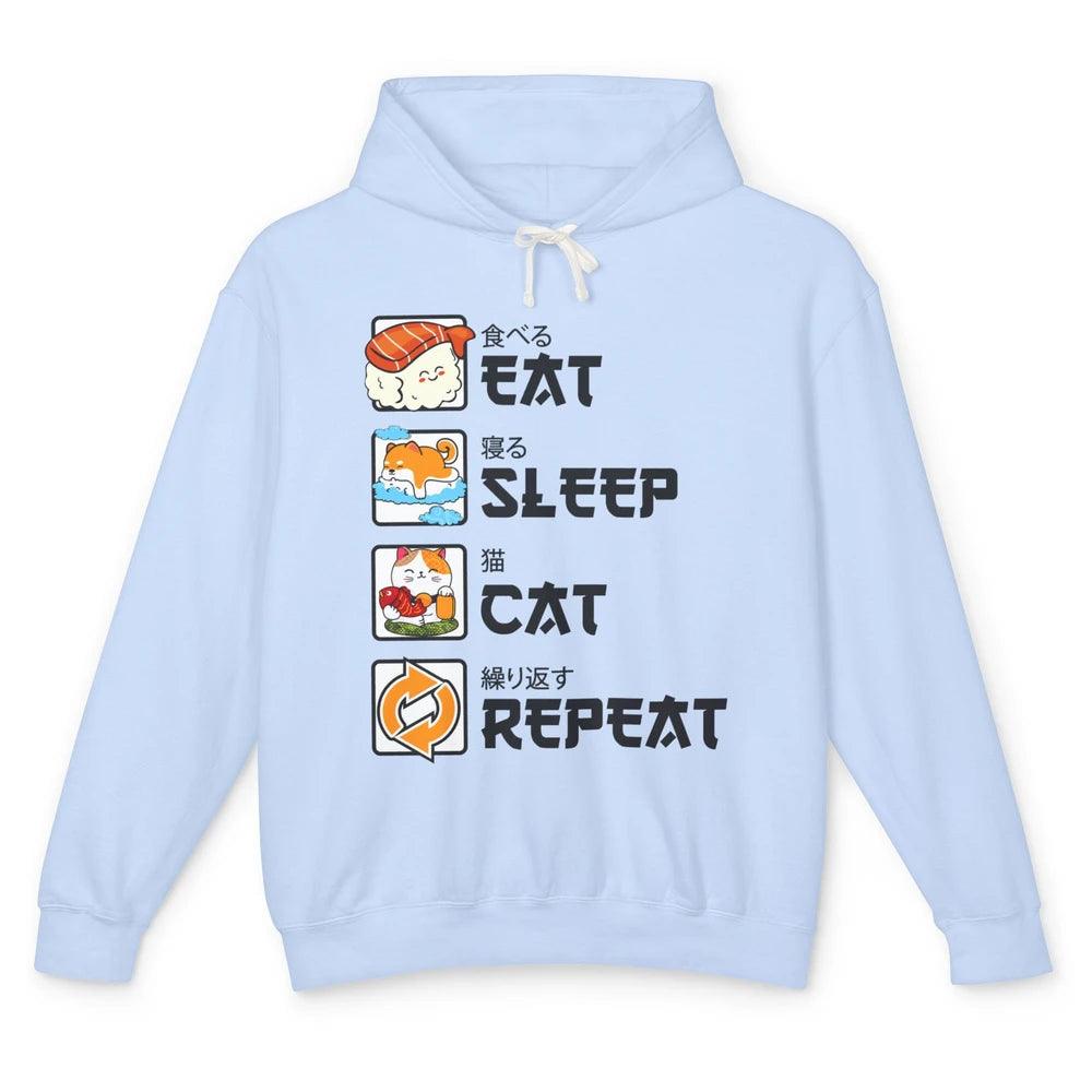 Funny Cat Neko Sushi Eat Sleep Cat Repeat Japanese Kawaii Unisex Lightweight Hoodie