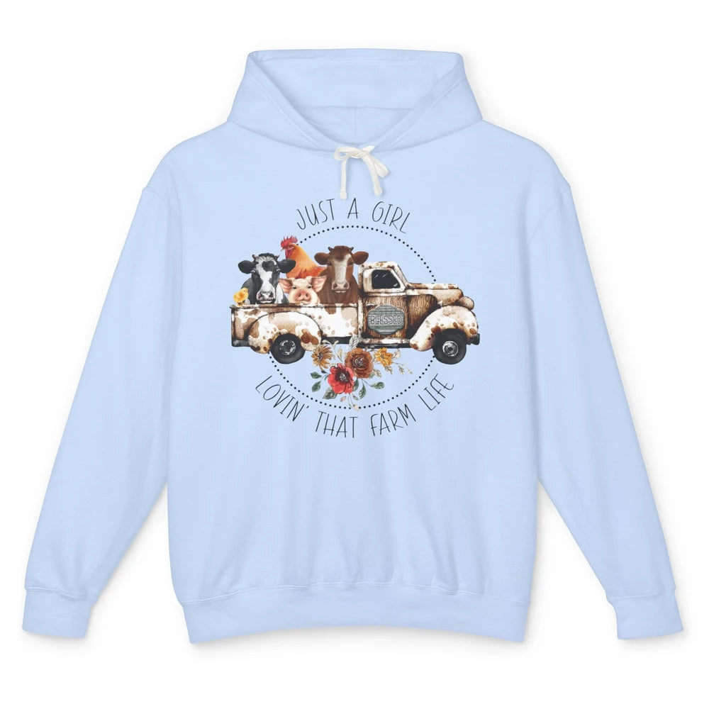 Retro Truck Just A Girl Loving That Farm Life Farm Animals Unisex Lightweight Hoodie