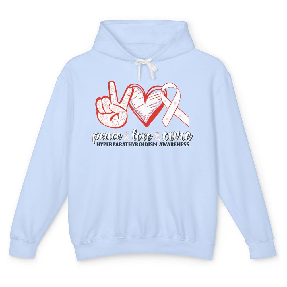 Hyperparathyroidism Awareness Red Ribbon Peace Love Cure Unisex Lightweight Hoodie